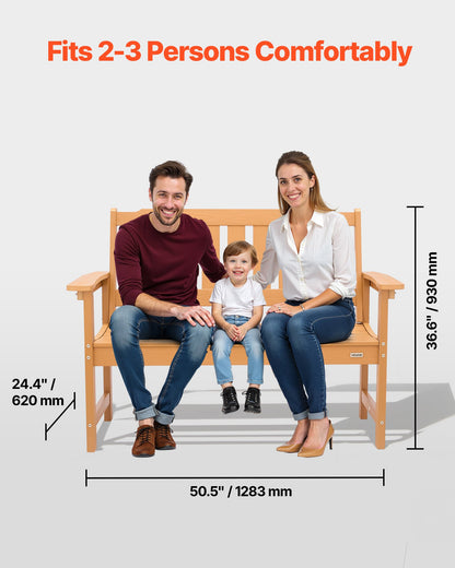 Outdoor Bench, 128 cm, 363 kg Weight Capacity for 2-3 Persons, Weatherproof Plastic Frame with Backrest and Wide Armrests, Outside Bench for Patio, Garden, Park, Yard, Natural Wood Color