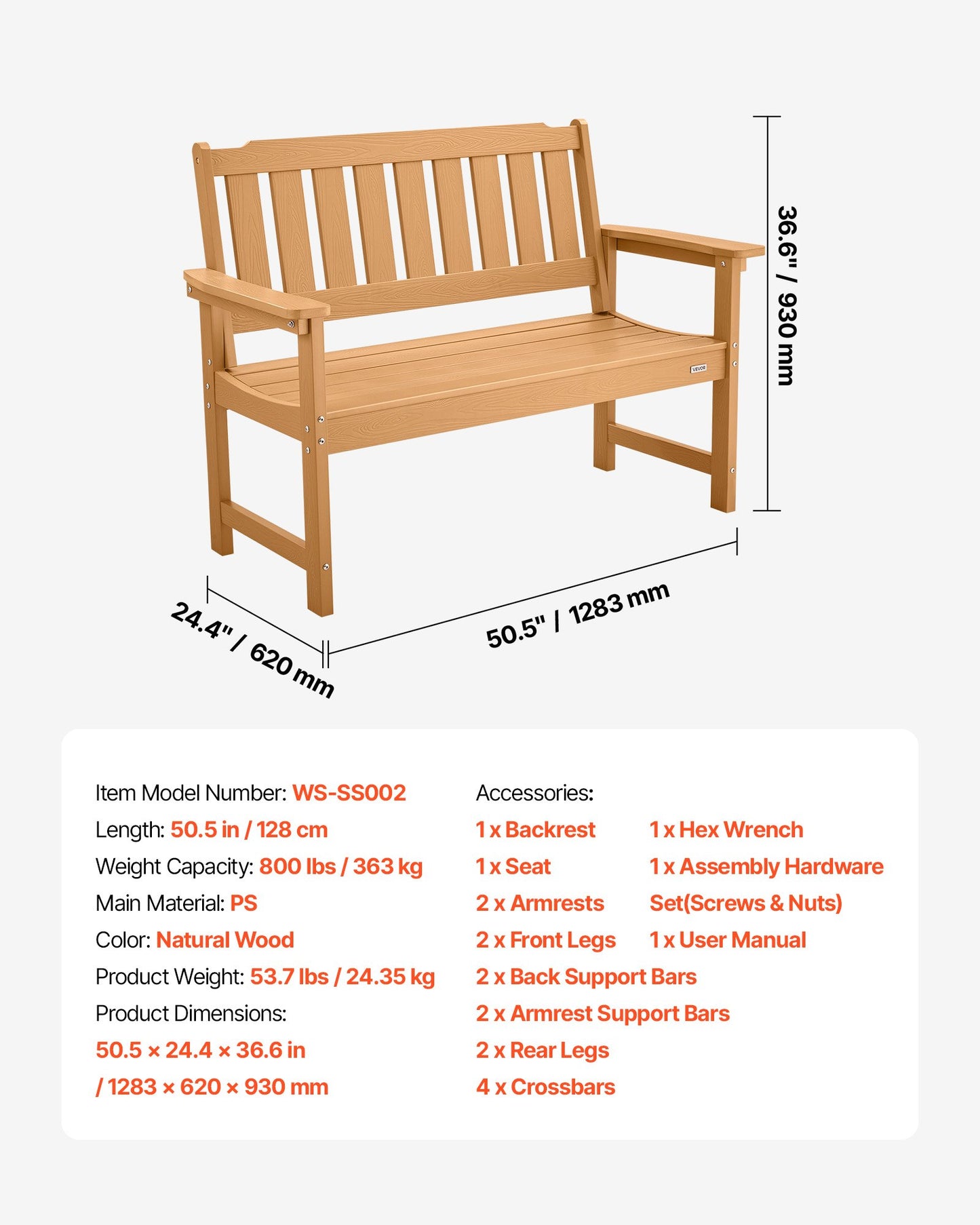 Outdoor Bench, 128 cm, 363 kg Weight Capacity for 2-3 Persons, Weatherproof Plastic Frame with Backrest and Wide Armrests, Outside Bench for Patio, Garden, Park, Yard, Natural Wood Color