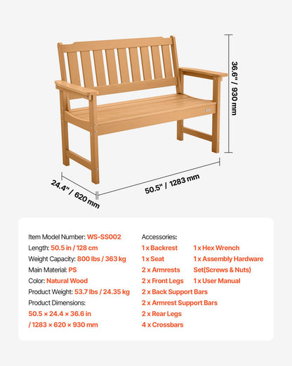 Outdoor Bench, 128 cm, 363 kg Weight Capacity for 2-3 Persons, Weatherproof Plastic Frame with Backrest and Wide Armrests, Outside Bench for Patio, Garden, Park, Yard, Natural Wood Color