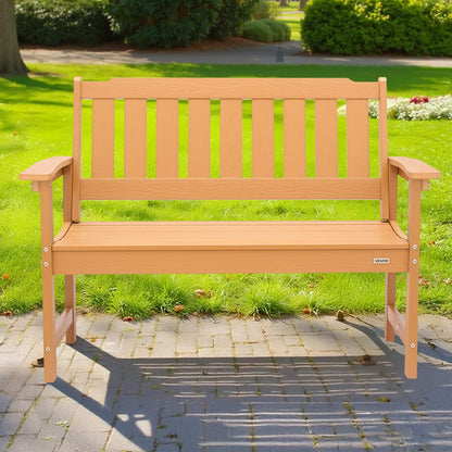 Outdoor Bench, 128 cm, 363 kg Weight Capacity for 2-3 Persons, Weatherproof Plastic Frame with Backrest and Wide Armrests, Outside Bench for Patio, Garden, Park, Yard, Natural Wood Color
