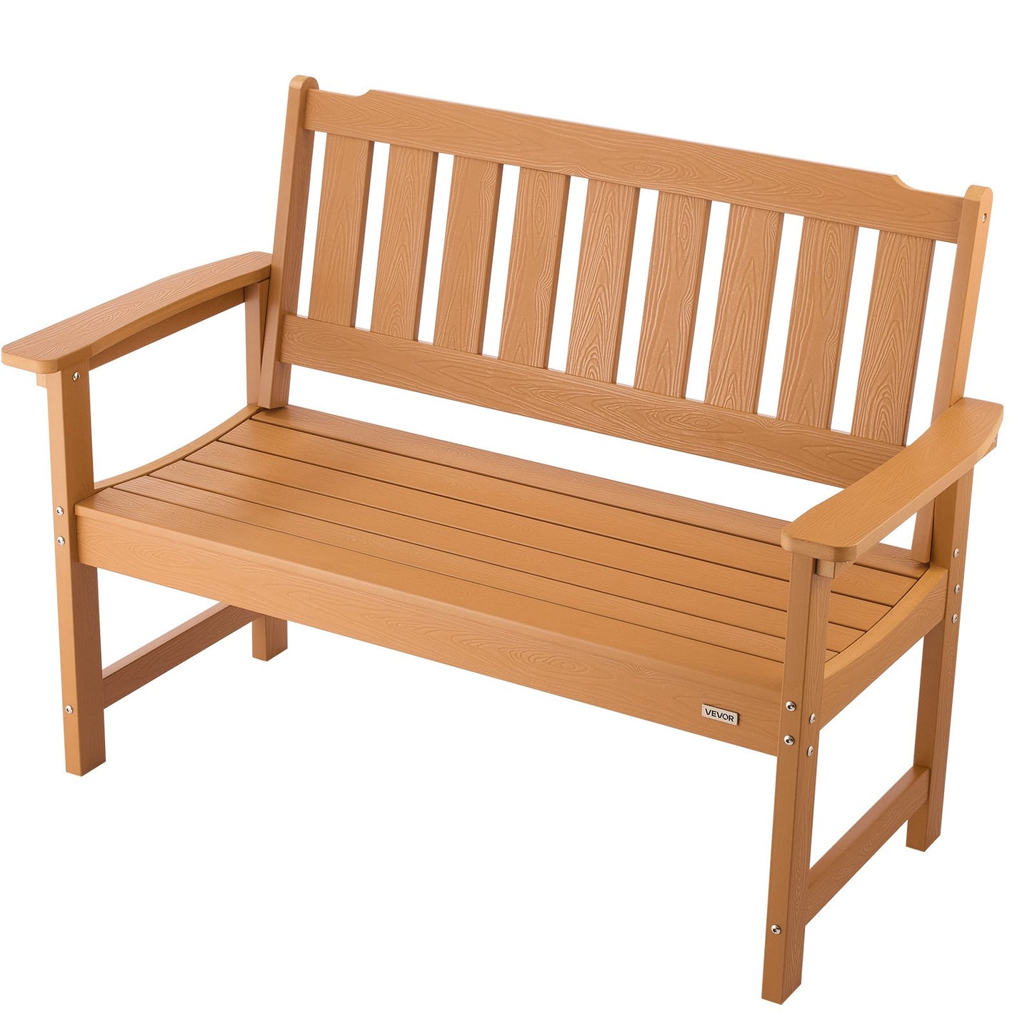 Outdoor Bench, 128 cm, 363 kg Weight Capacity for 2-3 Persons, Weatherproof Plastic Frame with Backrest and Wide Armrests, Outside Bench for Patio, Garden, Park, Yard, Natural Wood Color
