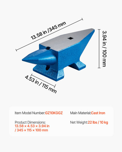 Single Horn Anvil 22Lbs Steel Anvil Blacksmith for Sale Forge Steel Tools with Round and Square Hole and Equipment Anvil Rugged Blacksmith Jewelers Durable and Robust Metalsmith Tool