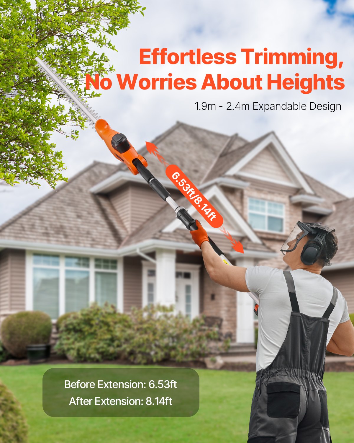 Electric Hedge Trimmer, 1200 RPM, 6.2 - 7.8 Ft Extendable, Pole Hedge Trimmer for High Branch, 20V Battery, Cordless Hedge Trimmer with 20 in Blade, 5 Angles Adjustable for Yard Garden