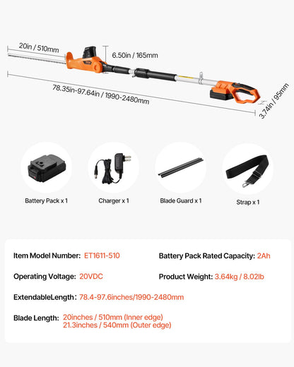 Electric Hedge Trimmer, 1200 RPM, 6.2 - 7.8 Ft Extendable, Pole Hedge Trimmer for High Branch, 20V Battery, Cordless Hedge Trimmer with 20 in Blade, 5 Angles Adjustable for Yard Garden