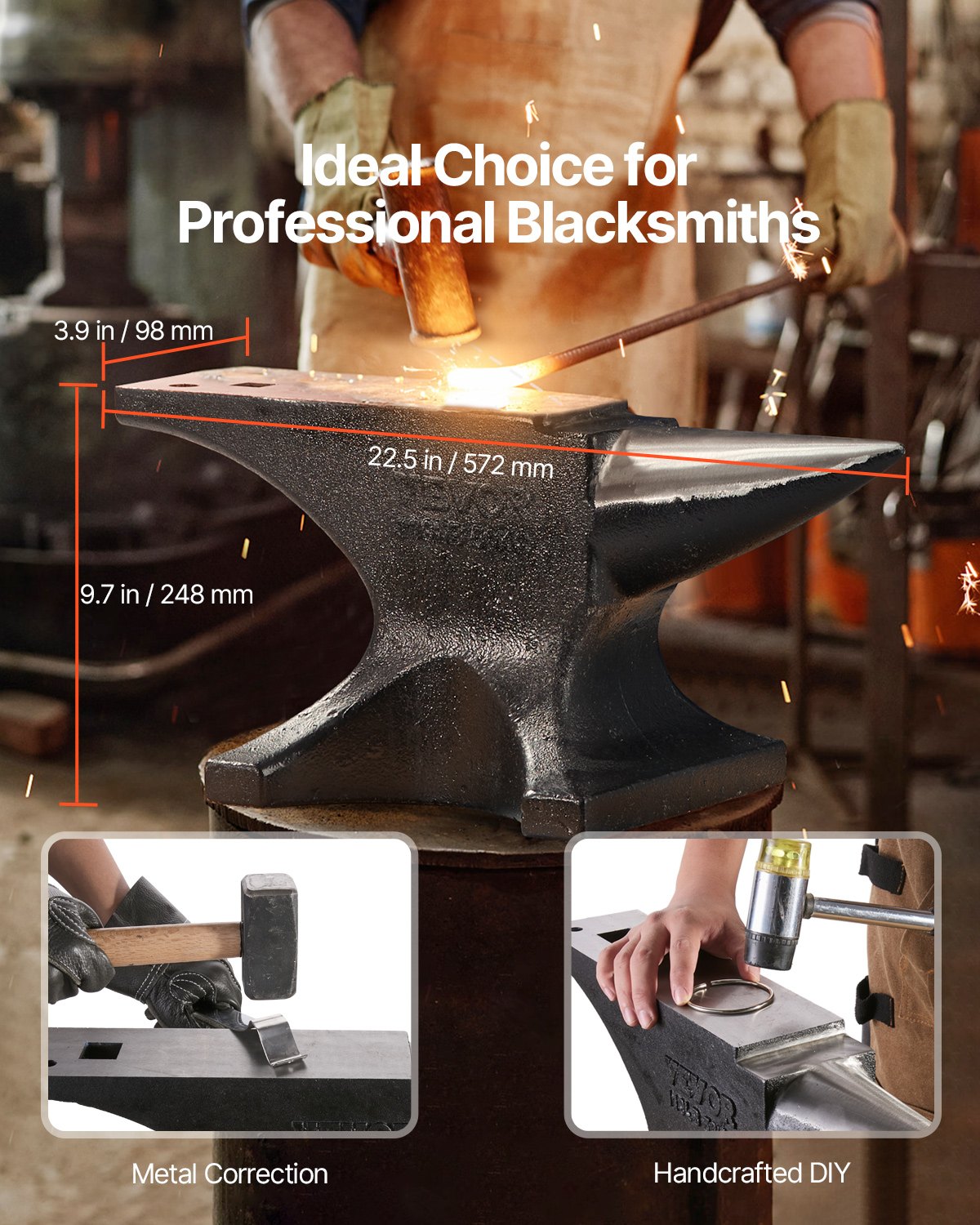 Single Horn Anvil, 110lbs Cast Steel Anvil, High Hardness Rugged Round Horn Anvil for Blacksmiths, with Large Countertop and Stable Base, Metal Working Tool for Metal Bending, Shaping, Twisting