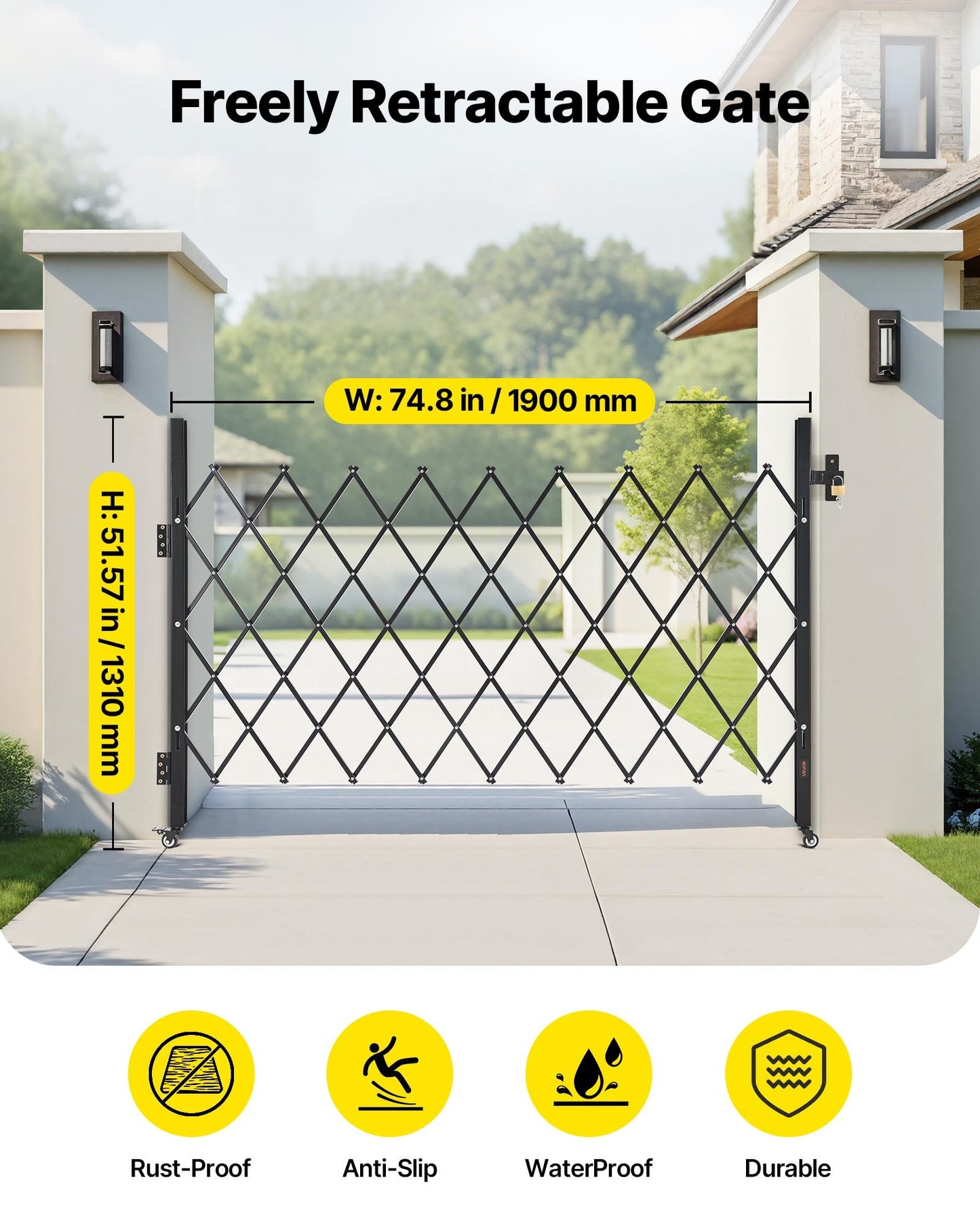 Single Folding Security Gate, Lockable Scissor Gate with 360° Swivel Casters, Outdoor Barricade Steel Retractable Gates, for Entry Security, Garage, Warehouse & Pool, 190 × 131 cm (W × H)