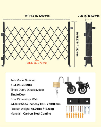 Single Folding Security Gate, Lockable Scissor Gate with 360° Swivel Casters, Outdoor Barricade Steel Retractable Gates, for Entry Security, Garage, Warehouse & Pool, 190 × 131 cm (W × H)