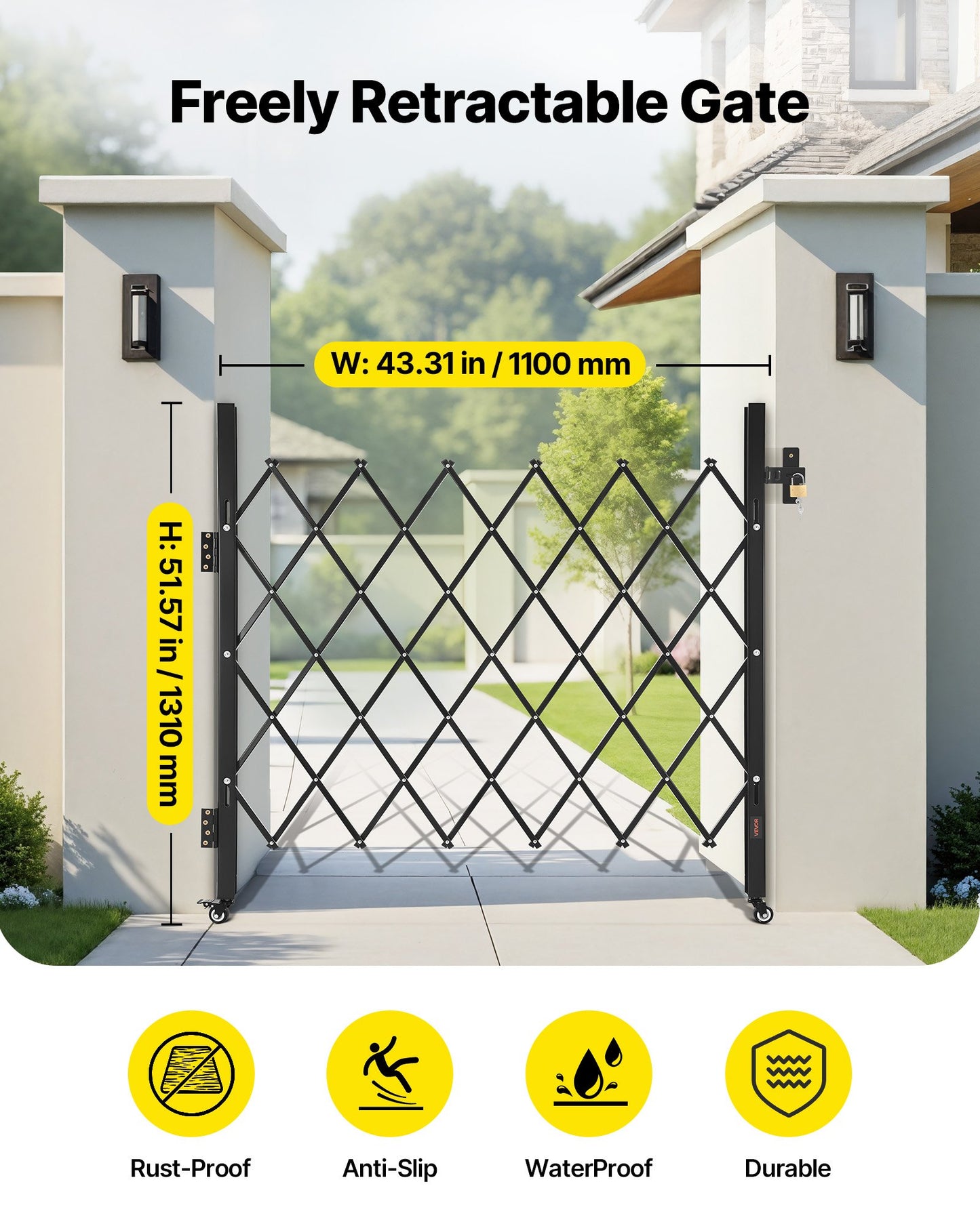 Single Folding Security Gate, Lockable Scissor Gate with 360° Swivel Casters, Outdoor Barricade Steel Retractable Gates, for Entry Security, Garage, Warehouse & Pool, 110 × 131 cm (W × H)