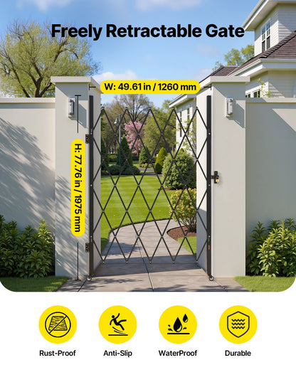Single Folding Security Gate, Lockable Scissor Gate with 360° Swivel Casters, Outdoor Barricade Steel Retractable Gates, for Entry Security, Garage, Warehouse & Pool, 126 × 197.5 cm (W × H)