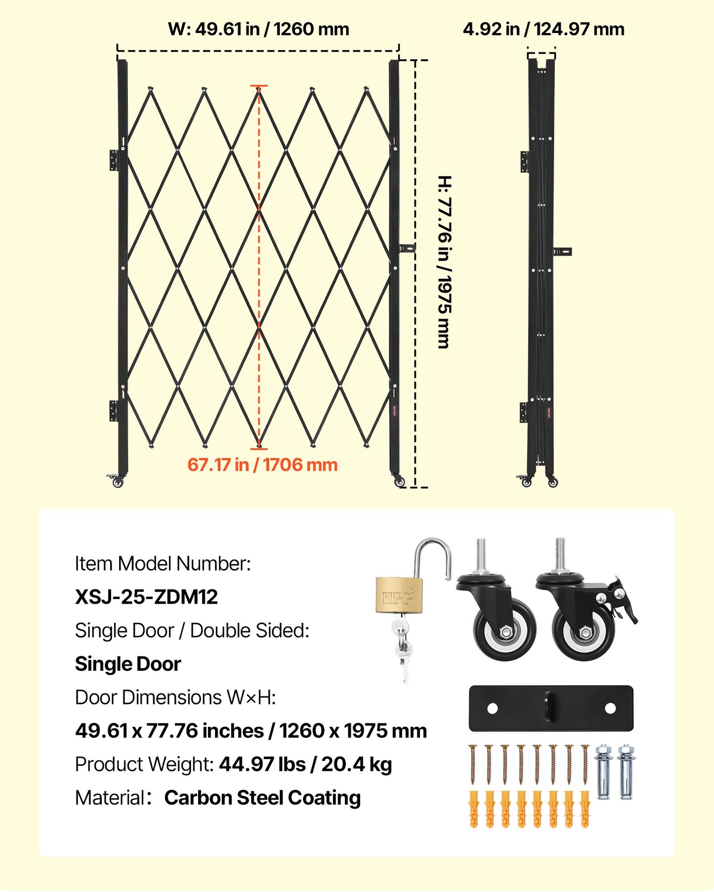 Single Folding Security Gate, Lockable Scissor Gate with 360° Swivel Casters, Outdoor Barricade Steel Retractable Gates, for Entry Security, Garage, Warehouse & Pool, 126 × 197.5 cm (W × H)