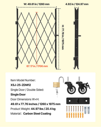 Single Folding Security Gate, Lockable Scissor Gate with 360° Swivel Casters, Outdoor Barricade Steel Retractable Gates, for Entry Security, Garage, Warehouse & Pool, 126 × 197.5 cm (W × H)