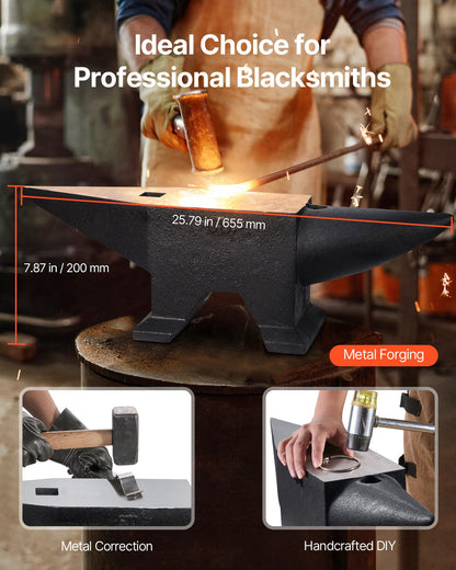 Cast Steel Anvil, 132 Lbs(60kg) Single Horn Anvil with Large Countertop and Stable Base, High Hardness Rugged Round Horn Anvil Blacksmith, for Bending, Shaping