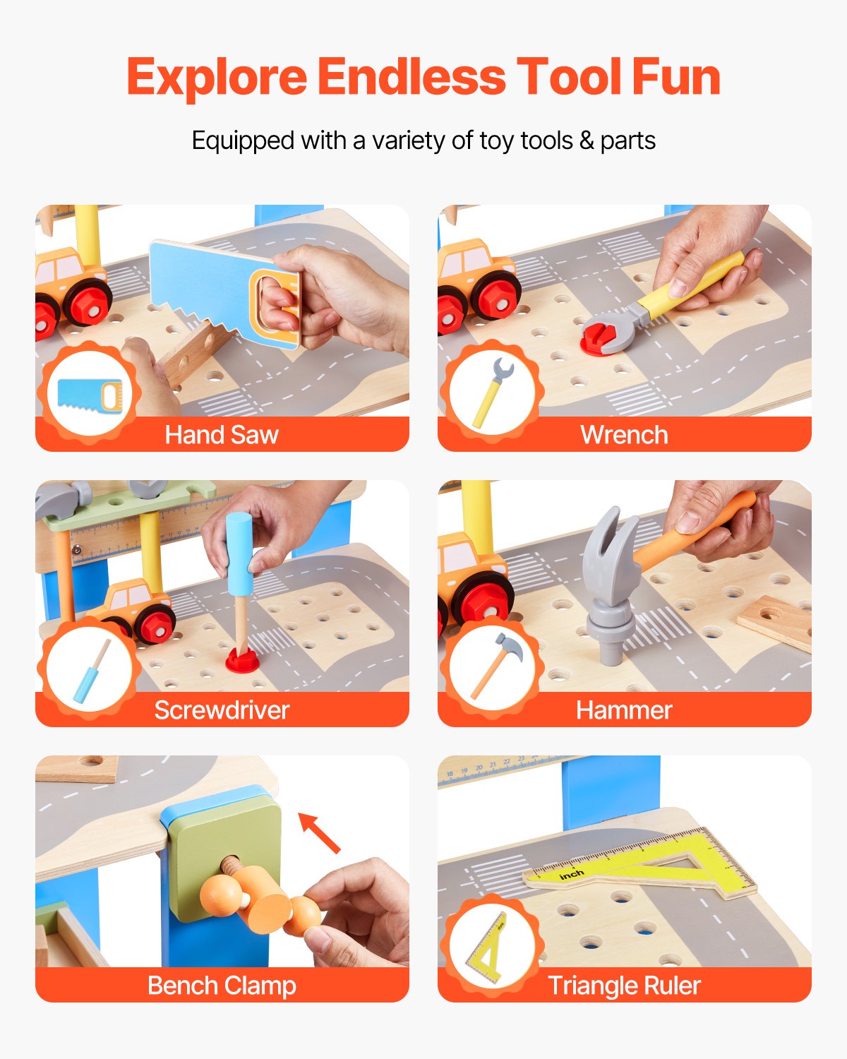 Kids Workbench, 62 pcs, Wooden Tool Bench for Kids 3 Years and Up, Toddler Toy Workbench with Realistic Tools, Building Toy Set Creative & Educational Construction Toy for Boys & Girls