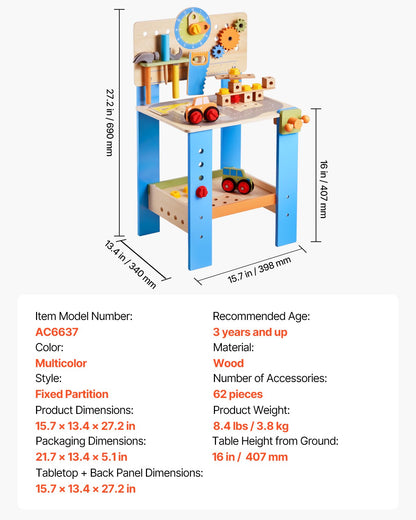 Kids Workbench, 62 pcs, Wooden Tool Bench for Kids 3 Years and Up, Toddler Toy Workbench with Realistic Tools, Building Toy Set Creative & Educational Construction Toy for Boys & Girls