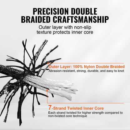 Braided Nylon Rope, 3/16 in x 250 ft, 32 Strands, 720 LBS Breaking Strength Outdoor Climbing Rope, Arborist Tree Climbing Rigging Rope for Rock Hiking Camping Swing Rappelling Rescue, Black