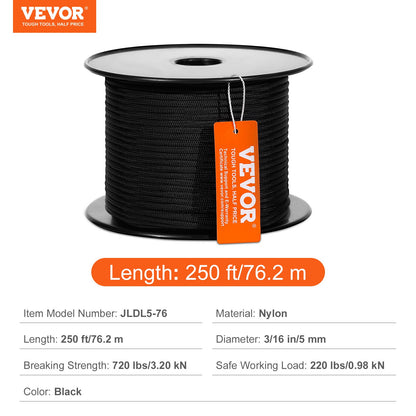 Braided Nylon Rope, 3/16 in x 250 ft, 32 Strands, 720 LBS Breaking Strength Outdoor Climbing Rope, Arborist Tree Climbing Rigging Rope for Rock Hiking Camping Swing Rappelling Rescue, Black