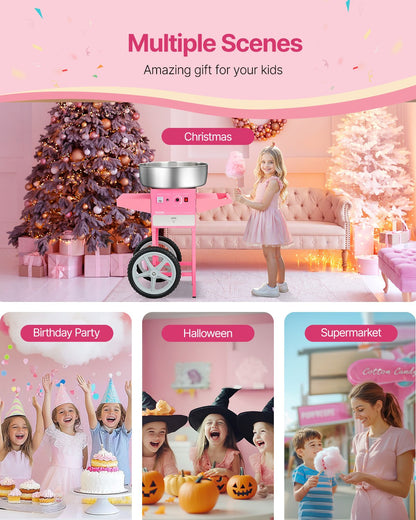 Elektrische Zuckerwattemaschine mit Wagen, 1000 W, gewerbliche Zuckerwattemaschine mit 52 cm Edelstahlschüssel, Zuckerlöffel und Schublade, einfach zu bedienen, für Zuhause, Kindergeburtstage, Familienfeiern, Rosa