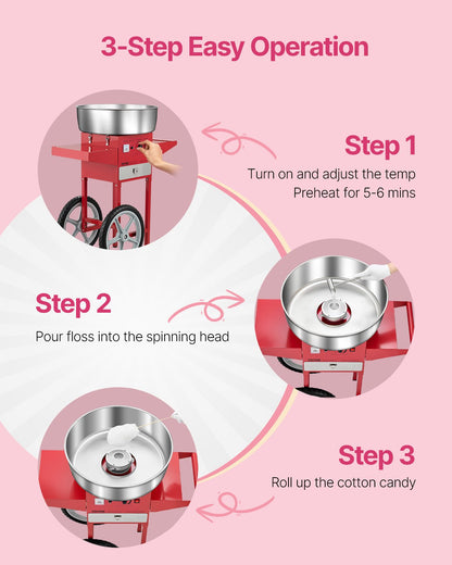 Electric Cotton Candy Machine with Cart, 1000W Commercial Candy Floss Maker with 52cm Stainless Steel Bowl, Sugar Scoop, and Drawer, Easy to Use, for Home, Kids Birthday, Family Party, Red
