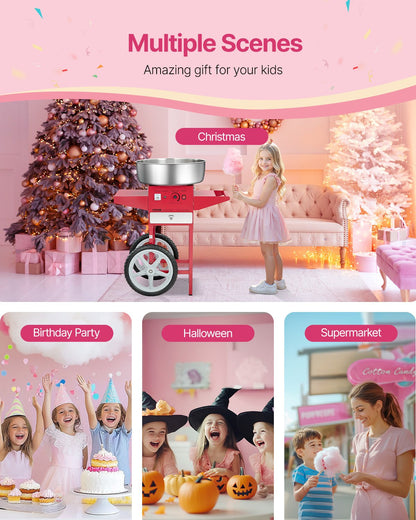 Electric Cotton Candy Machine with Cart, 1000W Commercial Candy Floss Maker with 52cm Stainless Steel Bowl, Sugar Scoop, and Drawer, Easy to Use, for Home, Kids Birthday, Family Party, Red