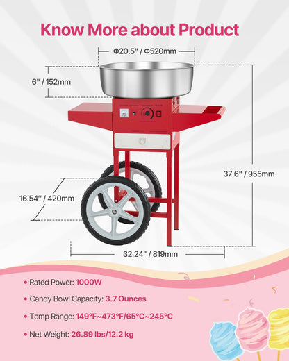 Electric Cotton Candy Machine with Cart, 1000W Commercial Candy Floss Maker with 52cm Stainless Steel Bowl, Sugar Scoop, and Drawer, Easy to Use, for Home, Kids Birthday, Family Party, Red
