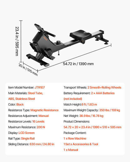 Magnetic Rowing Machine,16-Level Quiet Resistance Adjustable, Foldable Rower Machine for Home, 158kg Weight Capacity, Row Machines with Smooth Pulley Design, Bluetooth APP Compatible & LCD Monitor