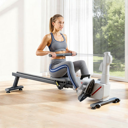 Magnetic Rowing Machine,16-Level Quiet Resistance Adjustable, Foldable Rower Machine for Home, 158kg Weight Capacity, Row Machines with Dual-Slide Rail, Bluetooth APP Compatible & LCD Monitor