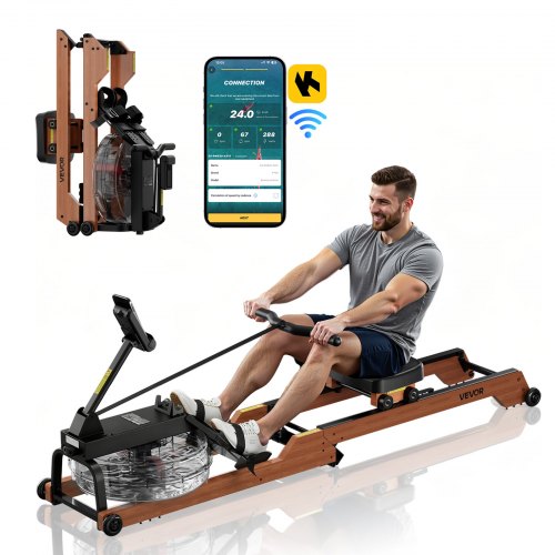 Water Rowing Machine, 6-Level Quiet Resistance, Wooden Foldable Rower Machine with 14L Water Tank & LCD Monitor, Bluetooth App Compatible, 158kg Weight Capacity, Immersive Row Machines for Home