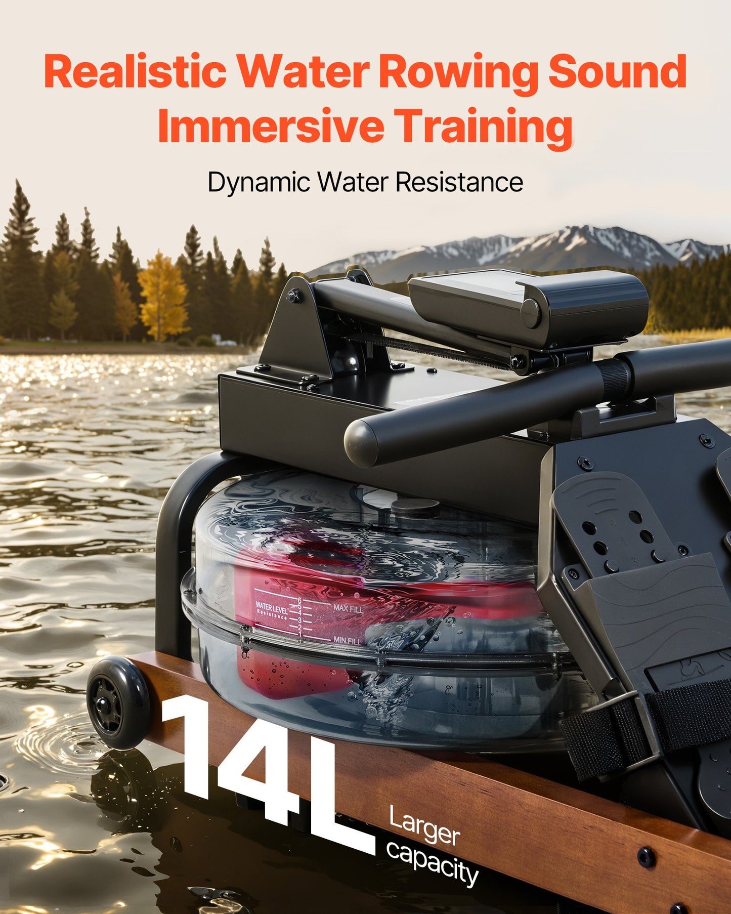 Water Rowing Machine, 6-Level Quiet Resistance, Wooden Foldable Rower Machine with 14L Water Tank & LCD Monitor, Bluetooth App Compatible, 158kg Weight Capacity, Immersive Row Machines for Home