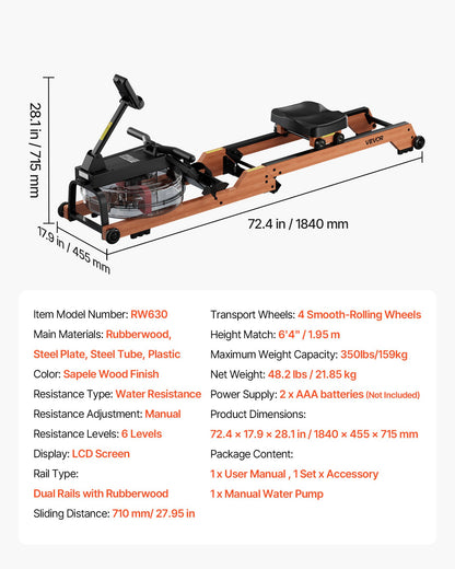Water Rowing Machine, 6-Level Quiet Resistance, Wooden Foldable Rower Machine with 14L Water Tank & LCD Monitor, Bluetooth App Compatible, 158kg Weight Capacity, Immersive Row Machines for Home