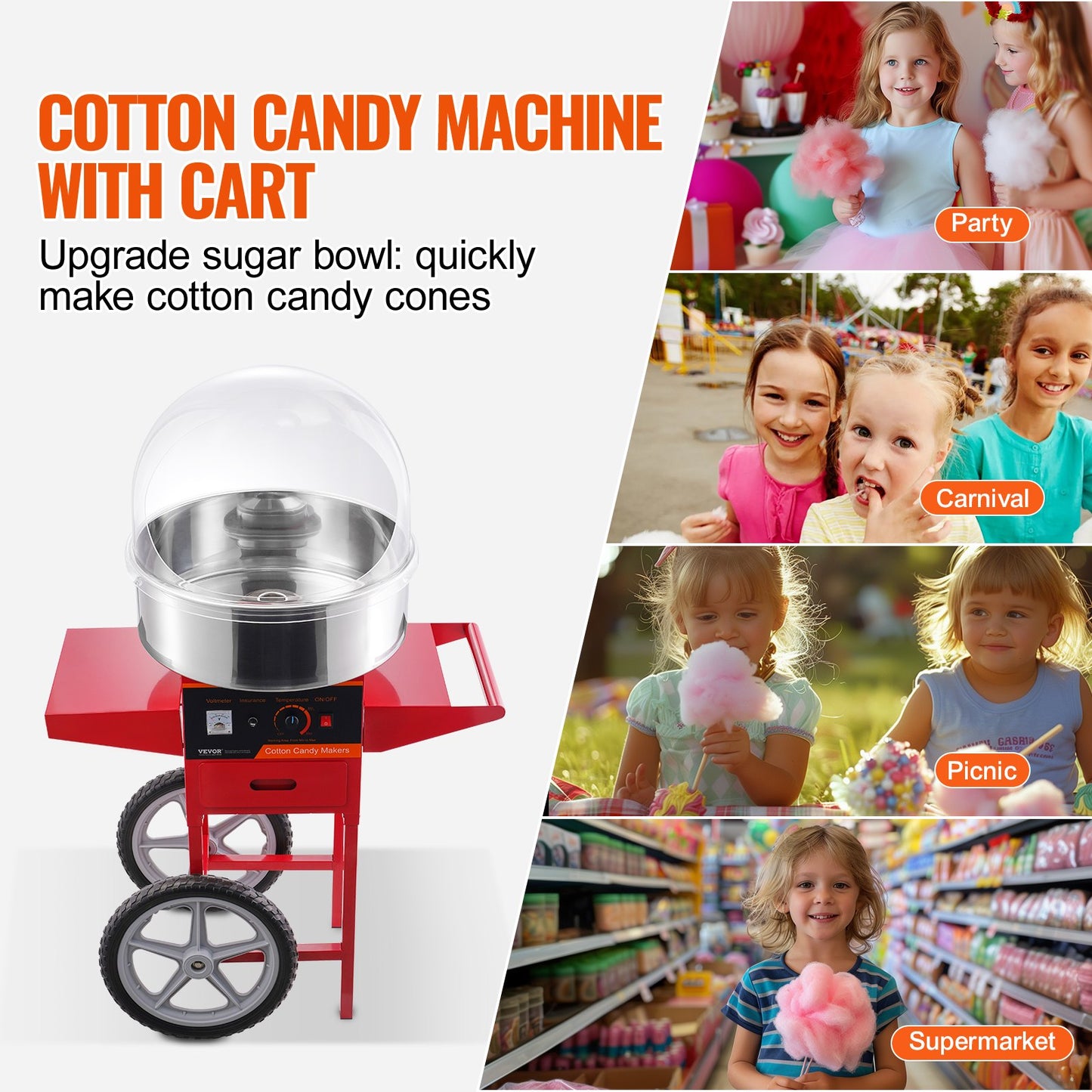 Electric Cotton Candy Machine with Cart, 1000W Commercial Candy Floss Maker with Cover, Stainless Steel Bowl, Sugar Scoop and Drawer, Perfect for Home, Kids Birthday, Family Party, Red