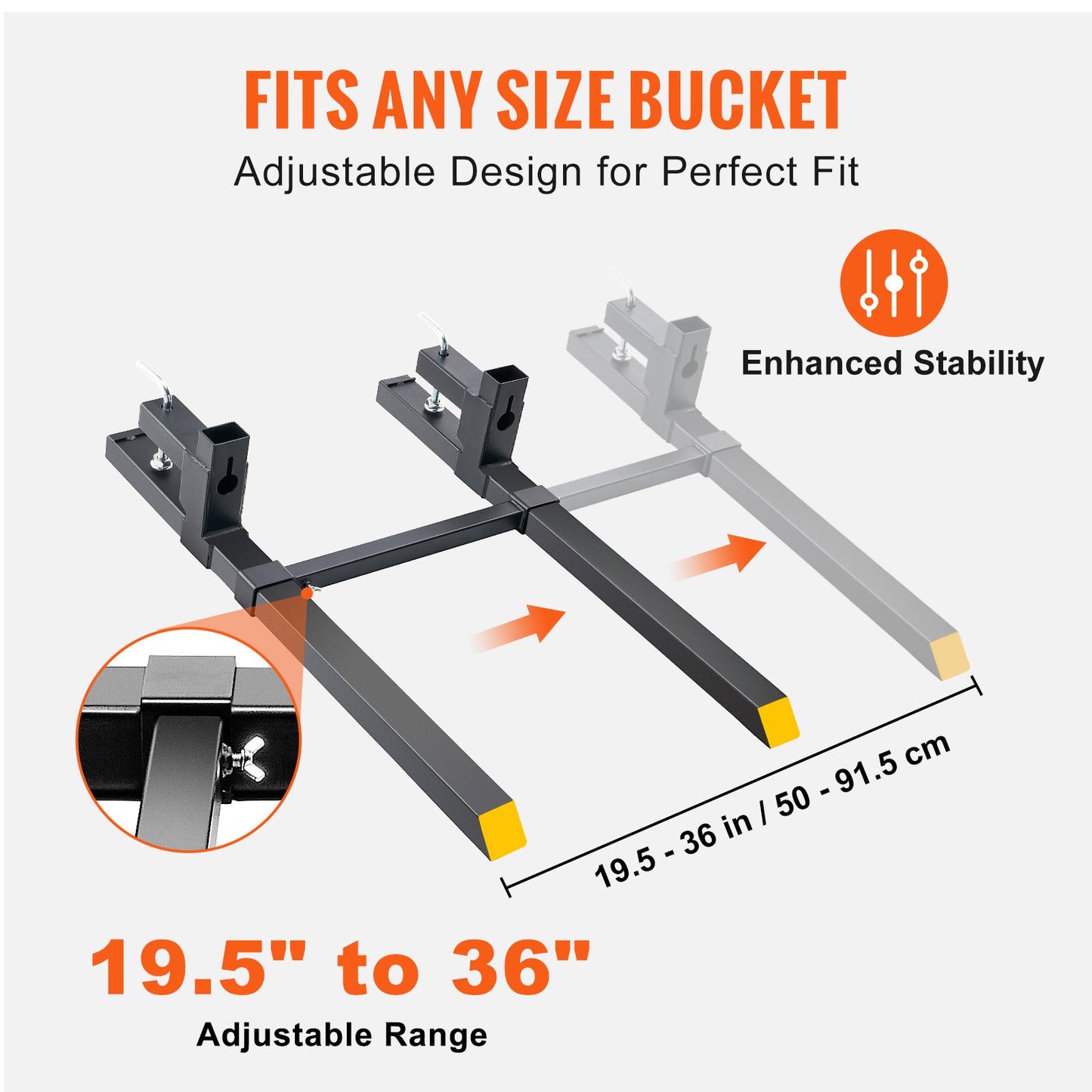 Pallet Forks, 907.2 kg Clamp on Pallet Forks, 109.2 cm Total Length Tractor Bucket Forks with Adjustable Stabilizer Bar, Heavy Duty Pallet Forks for Tractor Attachments, Skid Steer, Loader Bucket