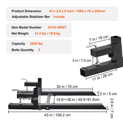 Pallet Forks, 907.2 kg Clamp on Pallet Forks, 109.2 cm Total Length Tractor Bucket Forks with Adjustable Stabilizer Bar, Heavy Duty Pallet Forks for Tractor Attachments, Skid Steer, Loader Bucket