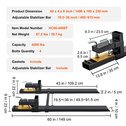 Pallet Forks, 907.2kg Clamp on Pallet Forks, 109.2cm Total Length Heavy Duty Pallet Forks with Adjustable Stabilizer Bar, Tractor Bucket Forks for Tractor Attachments, Skid Steer, Loader Bucket