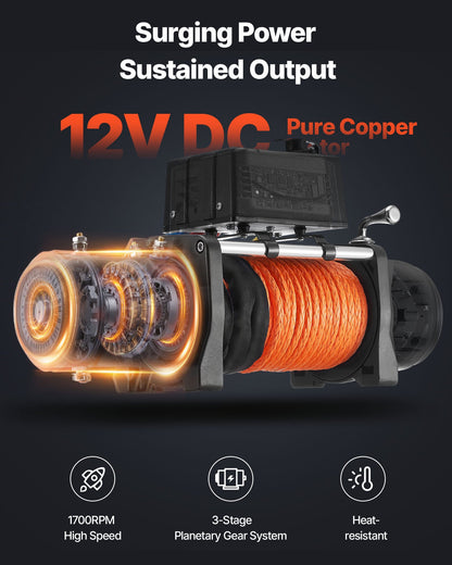 Electric Winch, 5400 kg Load Capacity, 12V DC Truck Winch with Φ9.1 mm x 23 m Synthetic Rope, Wireless & Wired Remote Control, IP55 Waterproof for Towing Off-Road SUV Jeep Trailer Boat