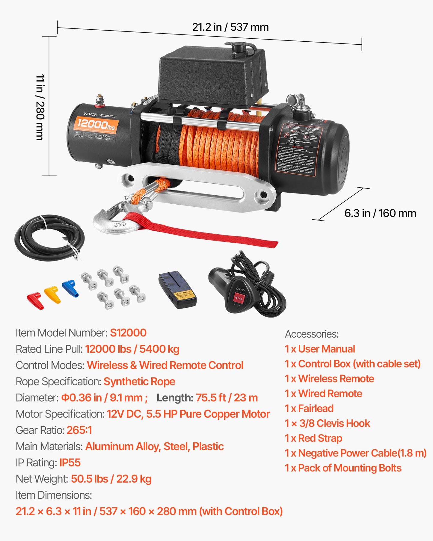 Electric Winch, 5400 kg Load Capacity, 12V DC Truck Winch with Φ9.1 mm x 23 m Synthetic Rope, Wireless & Wired Remote Control, IP55 Waterproof for Towing Off-Road SUV Jeep Trailer Boat