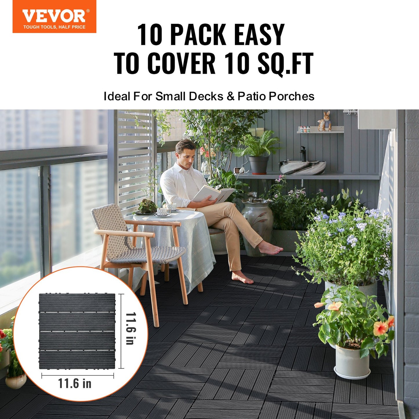 Interlocking Deck Tiles, 10 Pack,12"x12" 10 sq. ft Plastic Waterproof Outdoor Flooring All Weather Use, Patio Floor Decking Covering Tiles for Porch Poolside Balcony Backyard, Dark Grey