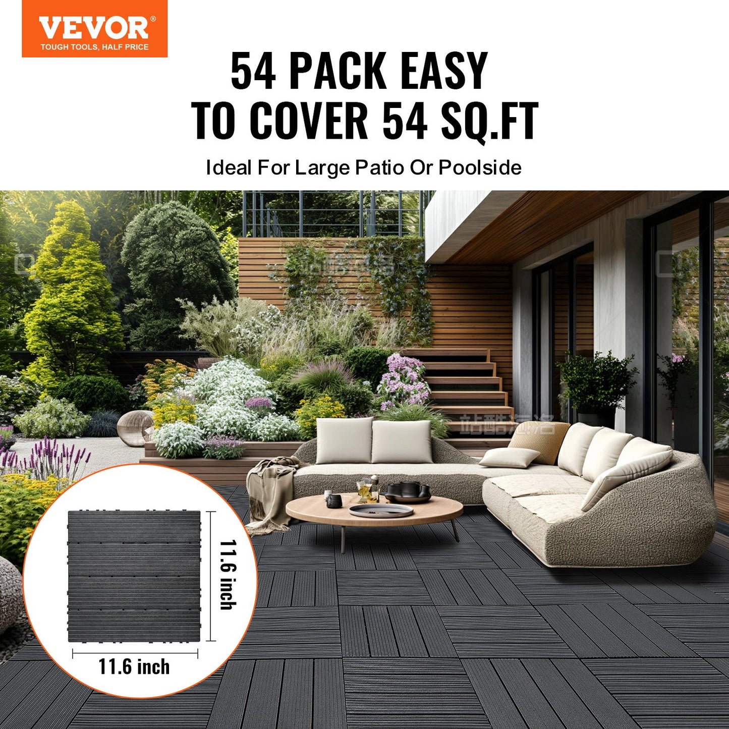 Interlocking Deck Tiles, 54 Pack,12"x12" 54 sq. ft Plastic Waterproof Outdoor Flooring All Weather Use, Patio Floor Decking Covering Tiles for Porch Poolside Balcony Backyard, Dark Grey