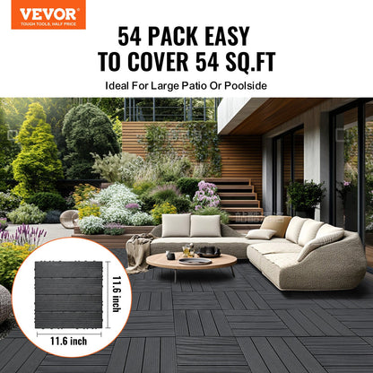 Interlocking Deck Tiles, 54 Pack,12"x12" 54 sq. ft Plastic Waterproof Outdoor Flooring All Weather Use, Patio Floor Decking Covering Tiles for Porch Poolside Balcony Backyard, Dark Grey