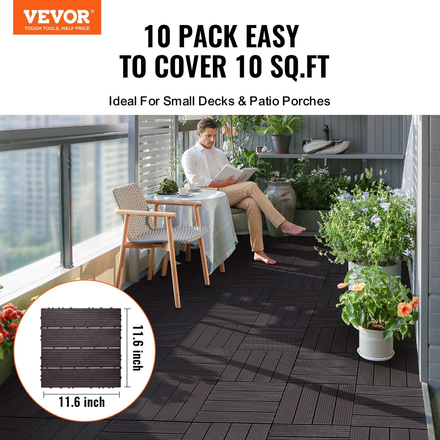 Interlocking Deck Tiles, 10 Pack,12"x12" 10 sq. ft Plastic Waterproof Outdoor Flooring All Weather Use, Patio Floor Decking Covering Tiles for Porch Poolside Balcony Backyard, Dark Brown