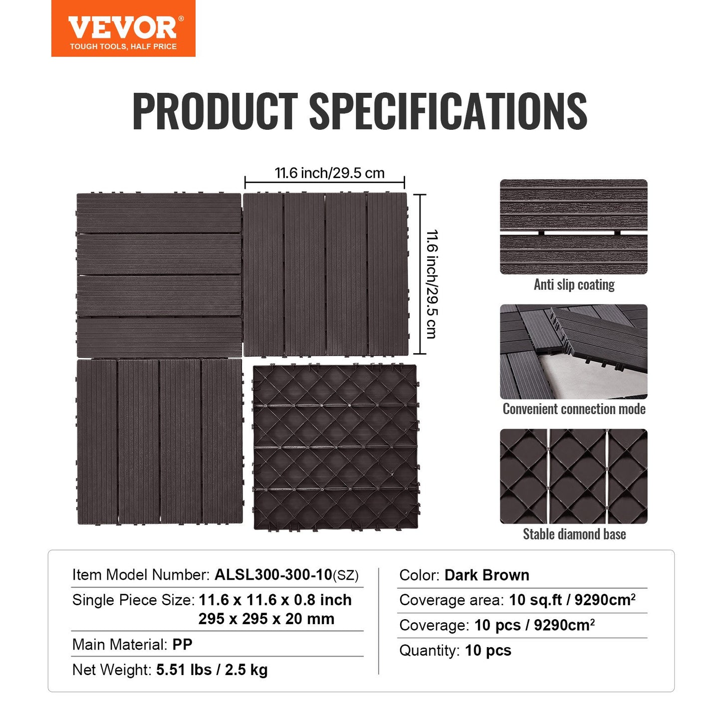 Interlocking Deck Tiles, 10 Pack,12"x12" 10 sq. ft Plastic Waterproof Outdoor Flooring All Weather Use, Patio Floor Decking Covering Tiles for Porch Poolside Balcony Backyard, Dark Brown