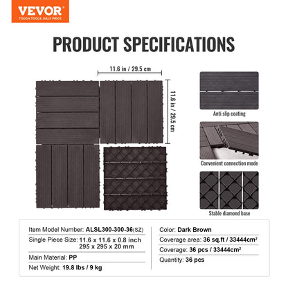 Interlocking Deck Tiles, 36 Pack,11.6"x11.6" 36 sq. ft Plastic Waterproof Outdoor Flooring All Weather Use, Patio Floor Decking Covering Tiles for Porch Poolside Balcony Backyard, Dark Brown