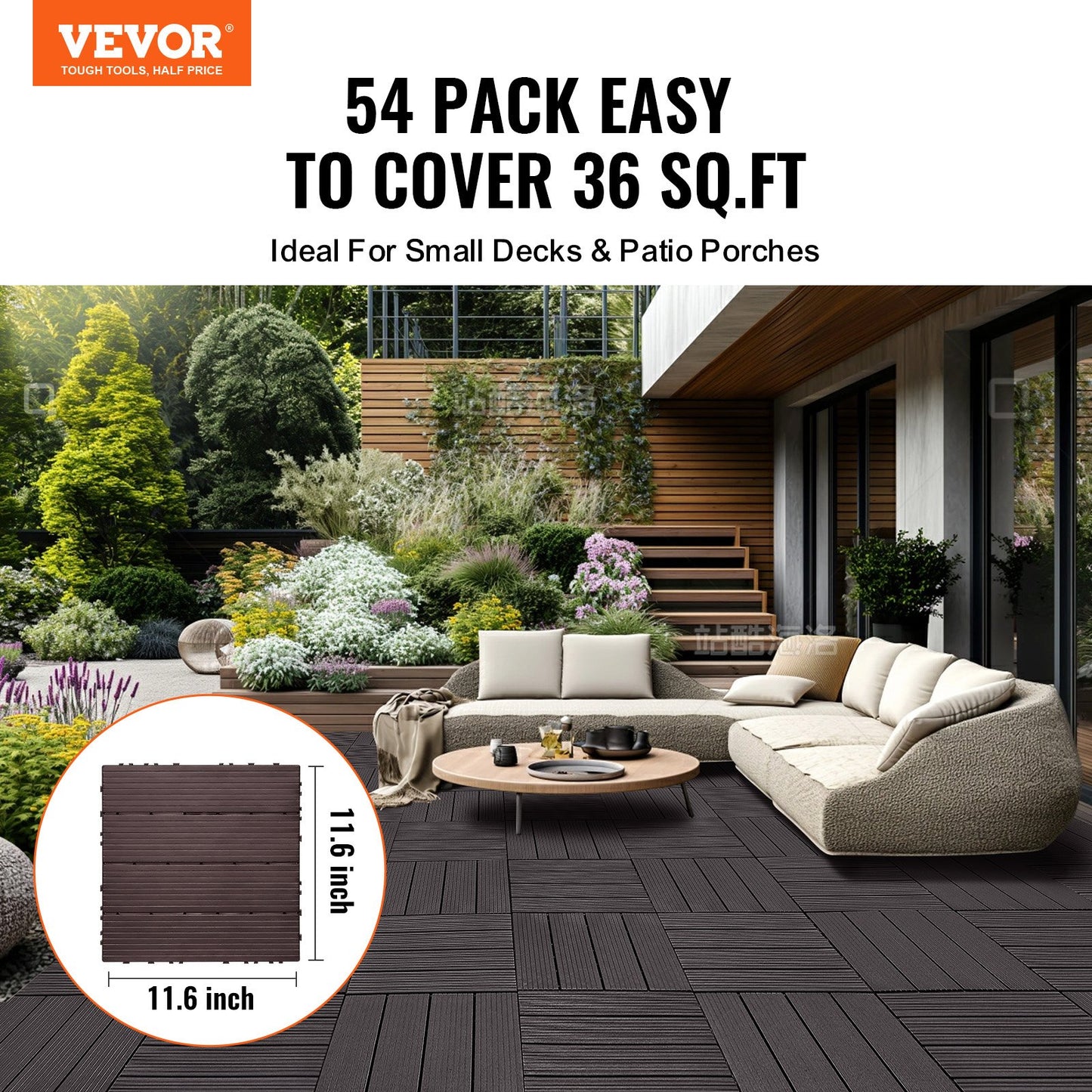 Interlocking Deck Tiles, 54 Pack,12"x12" 54 sq. ft Plastic Waterproof Outdoor Flooring All Weather Use, Patio Floor Decking Covering Tiles for Porch Poolside Balcony Backyard, Dark Brown
