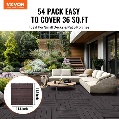 Interlocking Deck Tiles, 54 Pack,12"x12" 54 sq. ft Plastic Waterproof Outdoor Flooring All Weather Use, Patio Floor Decking Covering Tiles for Porch Poolside Balcony Backyard, Dark Brown