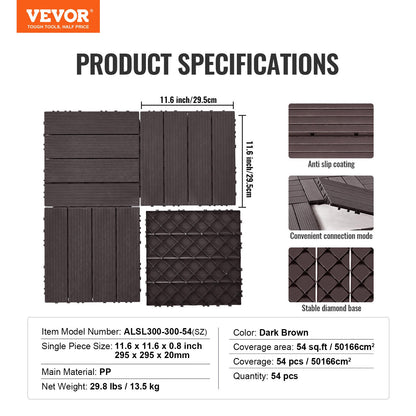 Interlocking Deck Tiles, 54 Pack,12"x12" 54 sq. ft Plastic Waterproof Outdoor Flooring All Weather Use, Patio Floor Decking Covering Tiles for Porch Poolside Balcony Backyard, Dark Brown