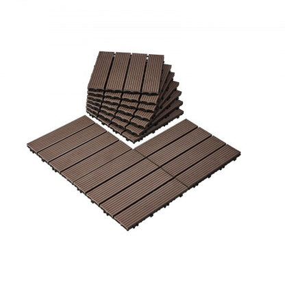 Interlocking Deck Tiles Plastic Wood, 10 Pack,12"x12" 10 sq. ft Waterproof Outdoor Flooring All Weather Use, Patio Floor Decking Covering Tiles for Porch Poolside Balcony Backyard, Dark Brown