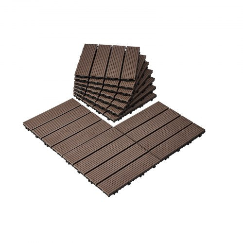 Interlocking Deck Tiles Plastic Wood, 10 Pack,12"x12" 10 sq. ft Waterproof Outdoor Flooring All Weather Use, Patio Floor Decking Covering Tiles for Porch Poolside Balcony Backyard, Dark Brown
