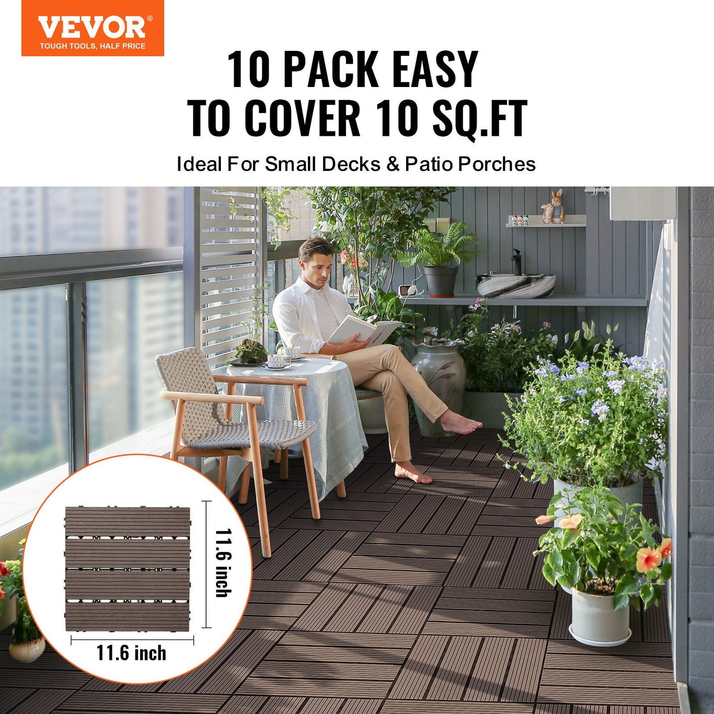 Interlocking Deck Tiles Plastic Wood, 10 Pack,12"x12" 10 sq. ft Waterproof Outdoor Flooring All Weather Use, Patio Floor Decking Covering Tiles for Porch Poolside Balcony Backyard, Dark Brown