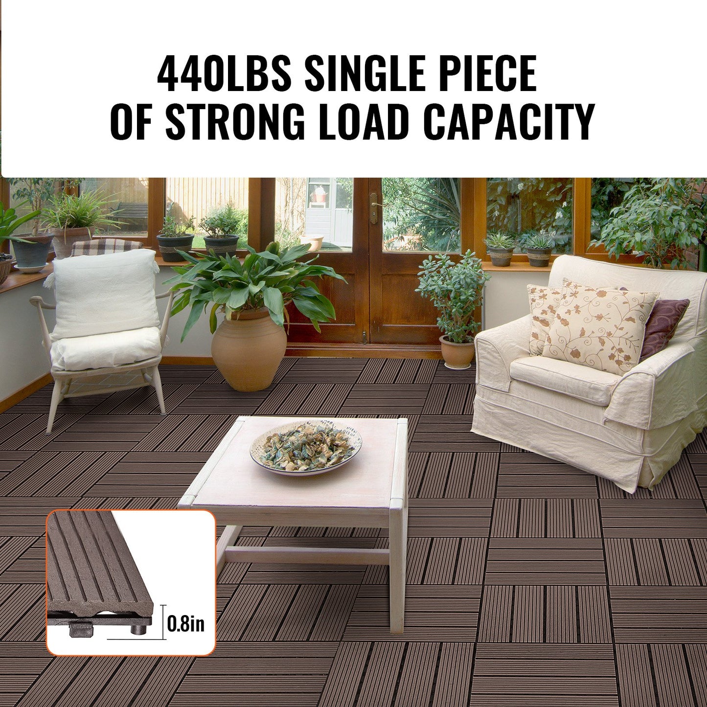 Interlocking Deck Tiles Plastic Wood, 10 Pack,12"x12" 10 sq. ft Waterproof Outdoor Flooring All Weather Use, Patio Floor Decking Covering Tiles for Porch Poolside Balcony Backyard, Dark Brown