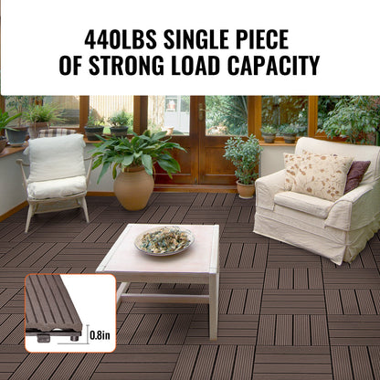 Interlocking Deck Tiles Plastic Wood, 10 Pack,12"x12" 10 sq. ft Waterproof Outdoor Flooring All Weather Use, Patio Floor Decking Covering Tiles for Porch Poolside Balcony Backyard, Dark Brown