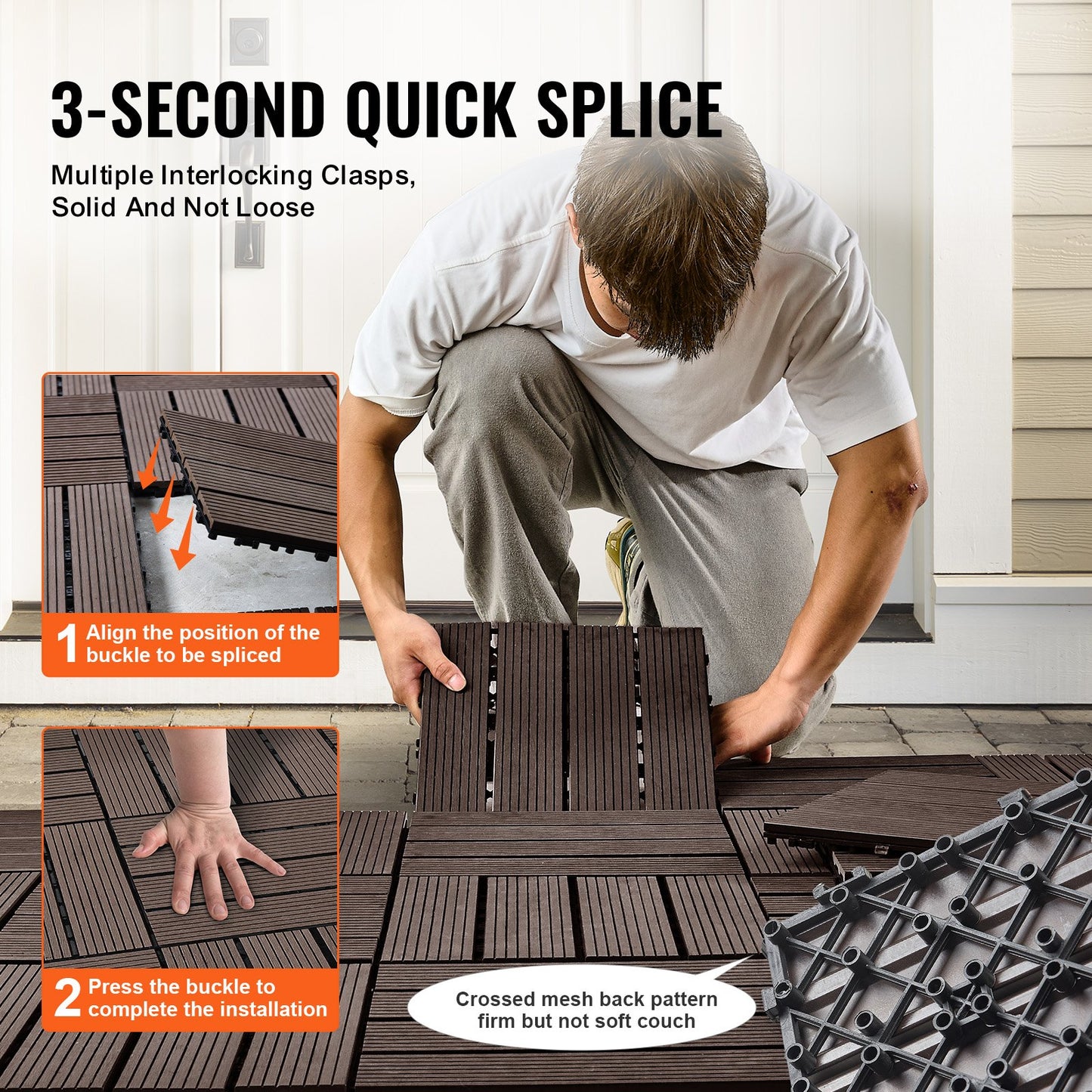 Interlocking Deck Tiles Plastic Wood, 10 Pack,12"x12" 10 sq. ft Waterproof Outdoor Flooring All Weather Use, Patio Floor Decking Covering Tiles for Porch Poolside Balcony Backyard, Dark Brown